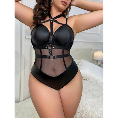 Sexy Mesh Plus-Size Mesh Hollow-Out Erotic Lingerie Tight Bodysuit Set