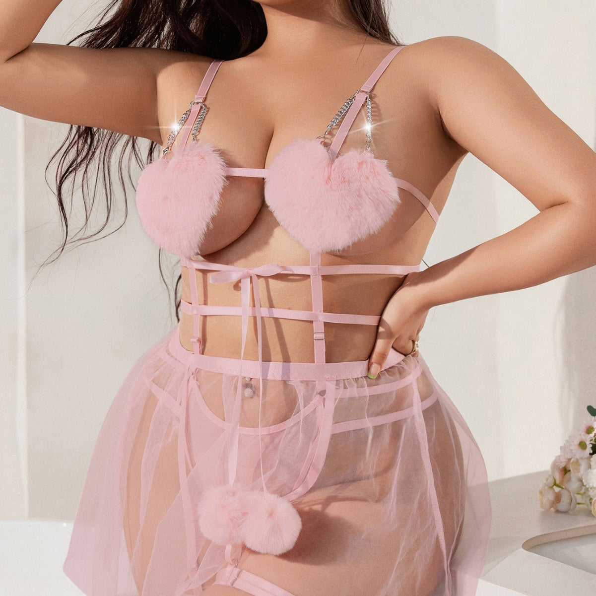 Mesh Strap Stitching Love Pompon Lace One-Piece Skirt