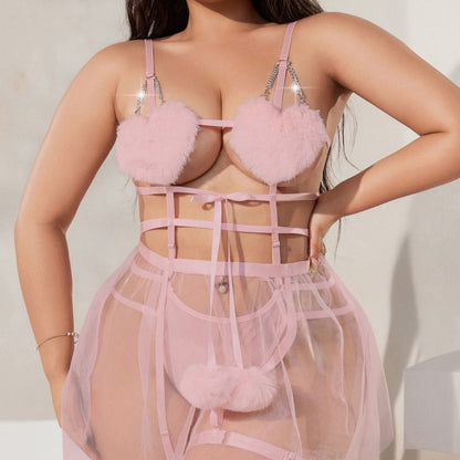 Mesh Strap Stitching Love Pompon Lace One-Piece Skirt