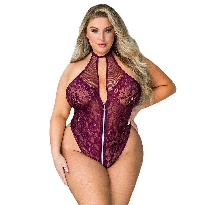 Plus Size Women's Erotic Lingerie Hanging-neck Backless Faux Leather Sexy Open-chest One-piece