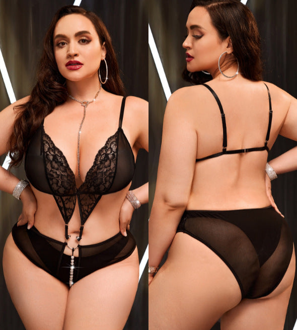 Three-piece Sexy Transparent Lace Backless One-piece Set of Erotic Linerie