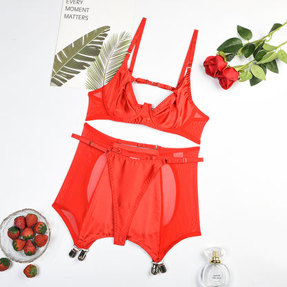 Mesh Splicing Milk Silk Push up Sexy Lingerie Three-Piece Set