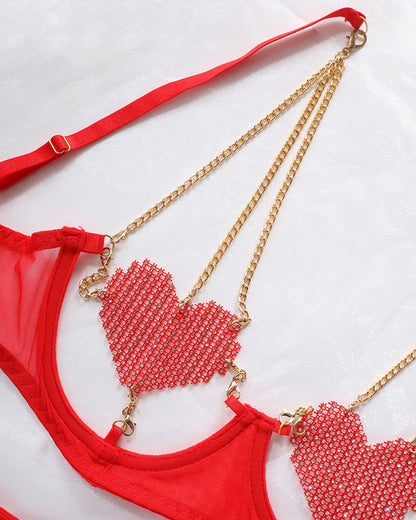 Love Heart Chain Mesh 5PCS Lingerie Set