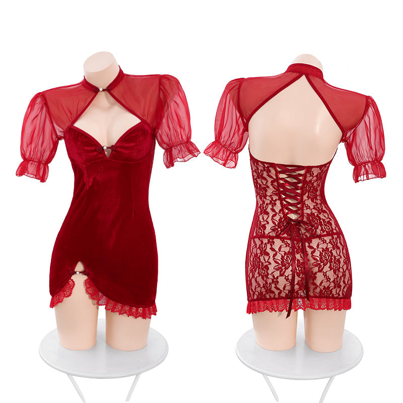 Velvet-trimmed Lace Sexy See-through Cheongsam Set