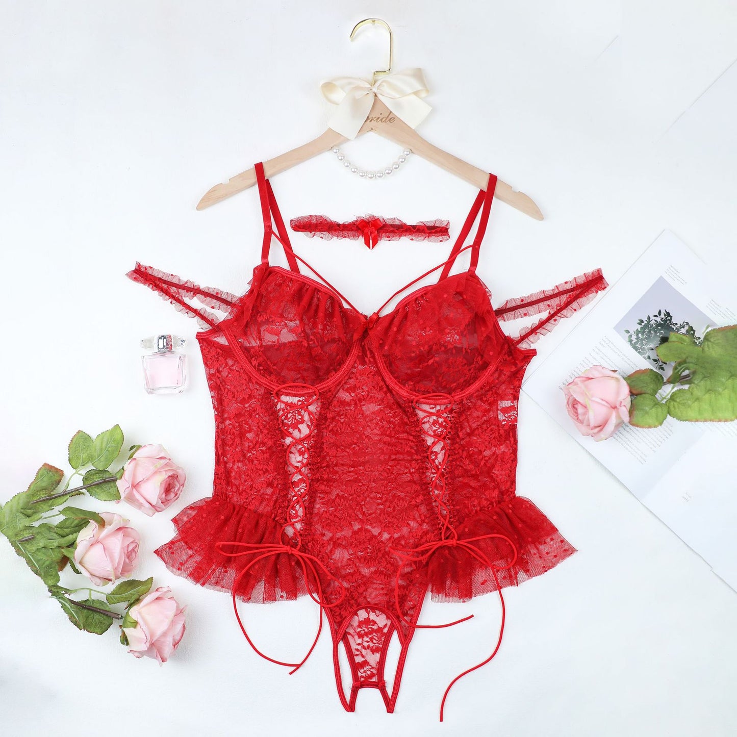 Plus - Size Sexy Lingerie One - piece Halter Pajama Set Sexy Transparent Lace Sexy Set