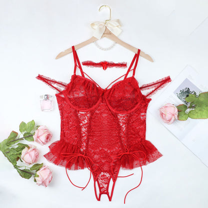 Plus - Size Sexy Lingerie One - piece Halter Pajama Set Sexy Transparent Lace Sexy Set