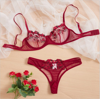 See-through Rose Lace Bikini Sexy Lingerie Set