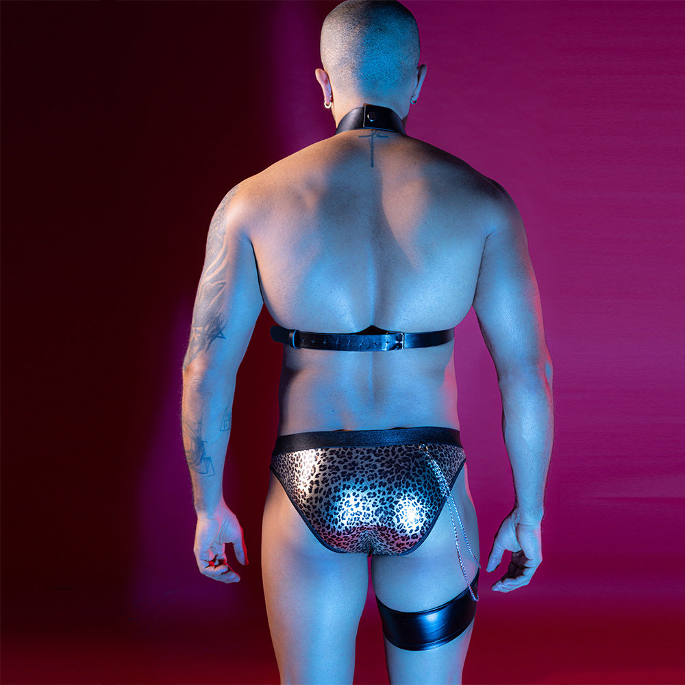 Men's Leopard Print Male Model Show Sexy Leather Suit