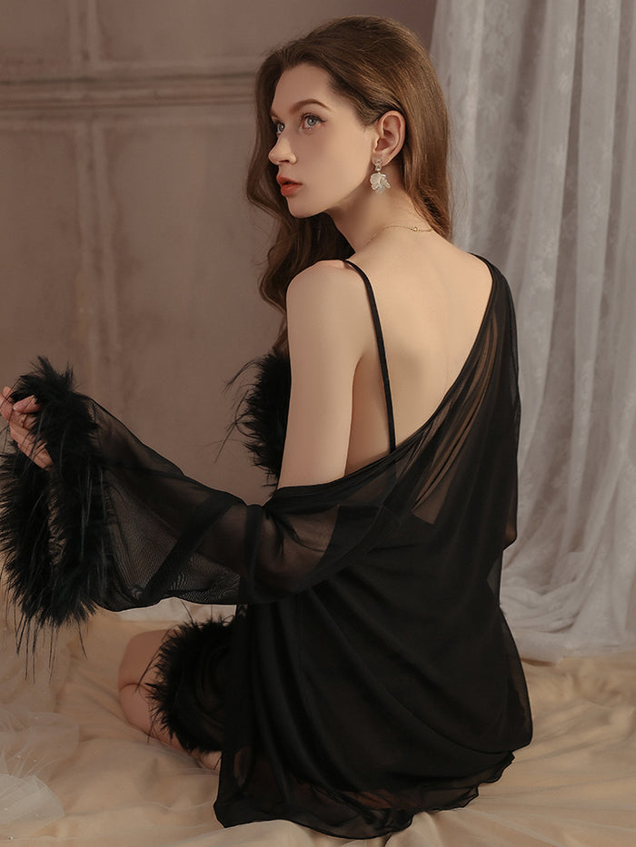 Swan Elegance Feather-Trimmed Slip Dress Set
