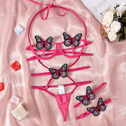 Lace Sling Halter-neck Strapped Patchwork Contrast-color Bowknot Hollow-out Backless Erotic Bodysuit