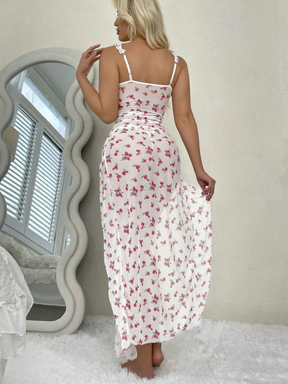 Floral Print See-through Mesh Halter Sexy Nightgown
