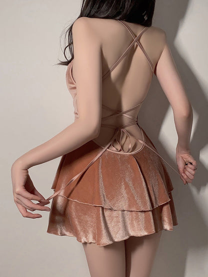 Velvet Layered Suspenders Sexy Nightdress