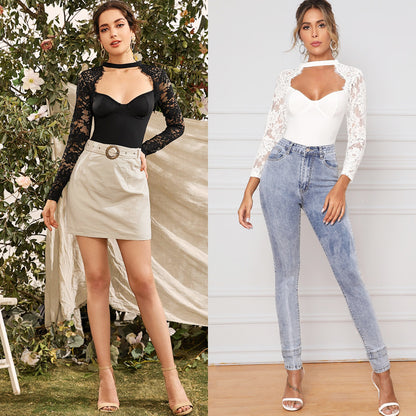 Long-sleeved Lace Low-cut Sexy Backless Erotic Bodysuit