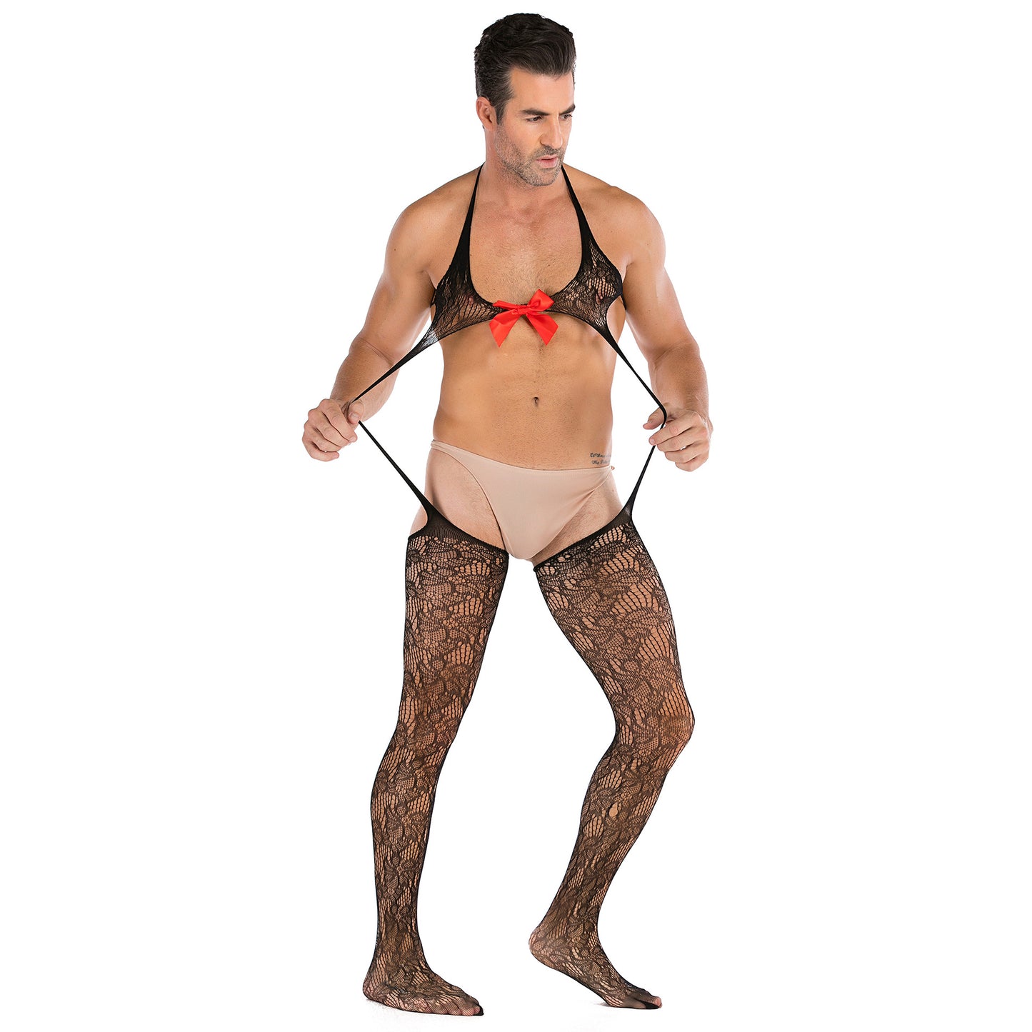 Men's See-through Split Mesh Jumpsuit With Bow