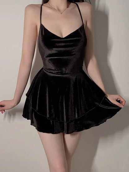 Velvet Layered Suspenders Sexy Nightdress