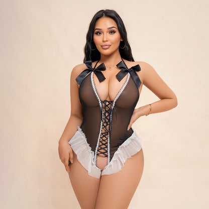 Plus Size Bow Tie Halter Neck Sheer Lace Bodysuit