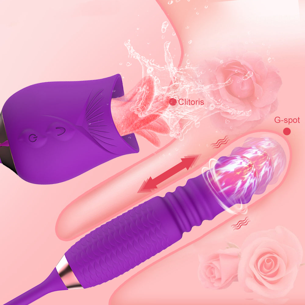 Quusvik - Purple Rose Toy Rotating Pearls Telescopic Tongue-licking Vibrator