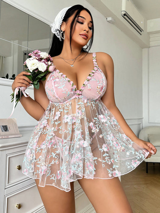 Plus Size Floral Sheer Deep V Slip Dress