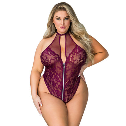 Plus Size Women's Erotic Lingerie Hanging-neck Backless Faux Leather Sexy Open-chest One-piece