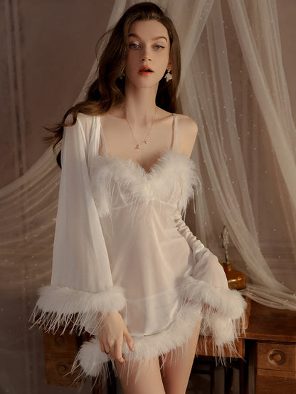Swan Elegance Feather-Trimmed Slip Dress Set