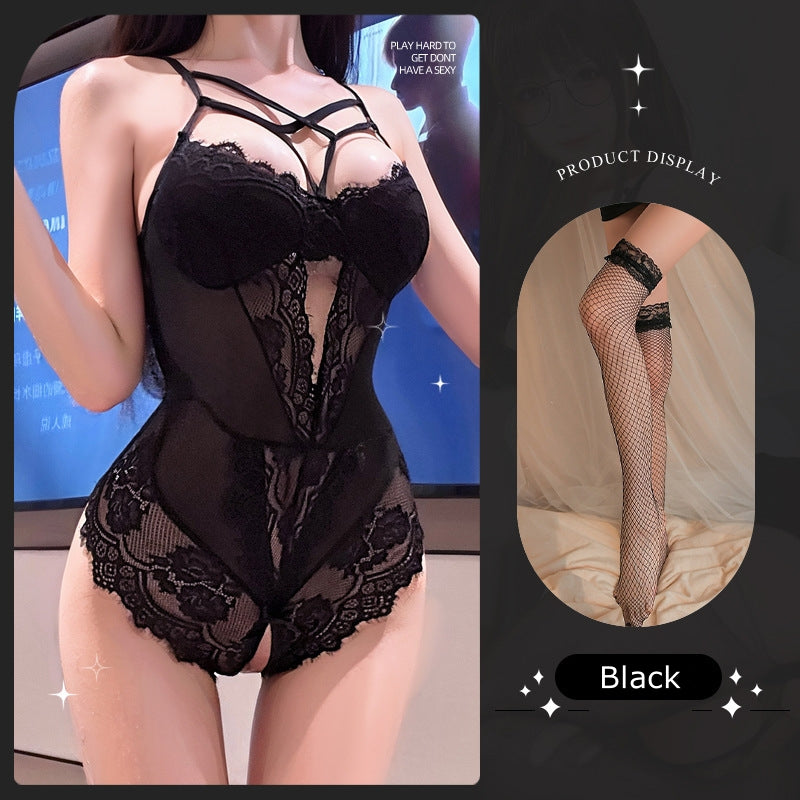 Sexy Mesh Open-Crotch Lace Bodysuit