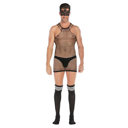 Men's See-Through Fishnet Halter Bodysuit with Striped Stockings and Lace Mask Set