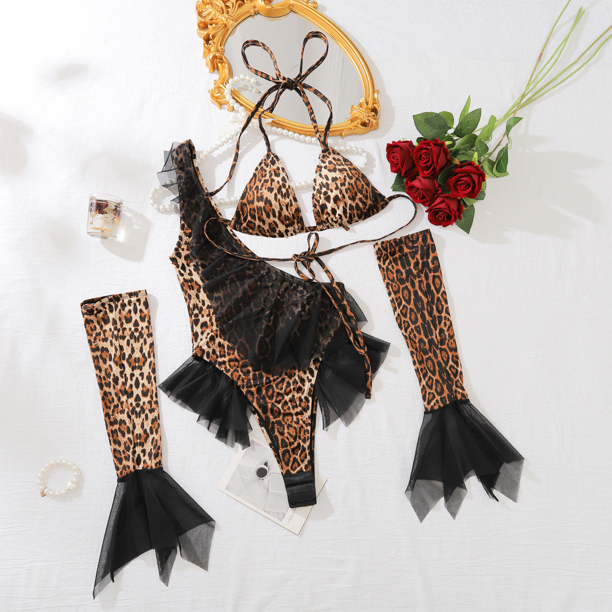 Sexy Neck Hanging Leopard Print Glove Lingerie Set With Crotch Opening For Fun, Three Piece Set