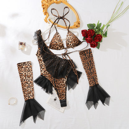 Sexy Neck Hanging Leopard Print Glove Lingerie Set With Crotch Opening For Fun, Three Piece Set