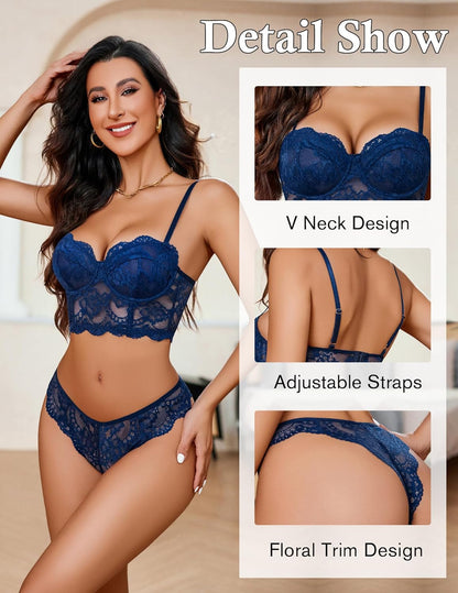 Women's Exquisite 2-Piece Lace Lingerie Set V-Neck Corset Tops Bra PantyNightwear