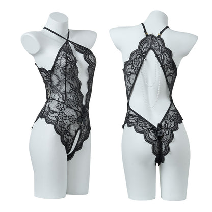Open-crotch See-through Lace Backless Pearl Chain Bodysuit