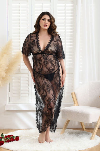 Lace Mesh See-through Sexy Big Dress Sexy Long-Sleeved Suit