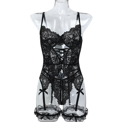 Lace Cross Strap White Suspender Sexy Underwear Suit