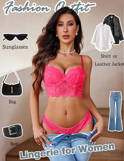 Women's Exquisite 2-Piece Lace Lingerie Set V-Neck Corset Tops Bra PantyNightwear
