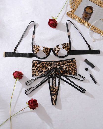 Hollow Out Circle Cup Leopard Lingerie Sets