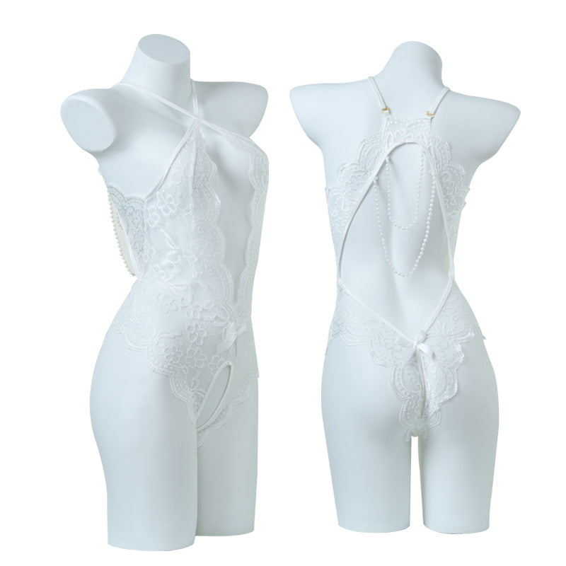 Open-crotch See-through Lace Backless Pearl Chain Bodysuit