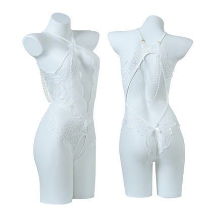 Open-crotch See-through Lace Backless Pearl Chain Bodysuit