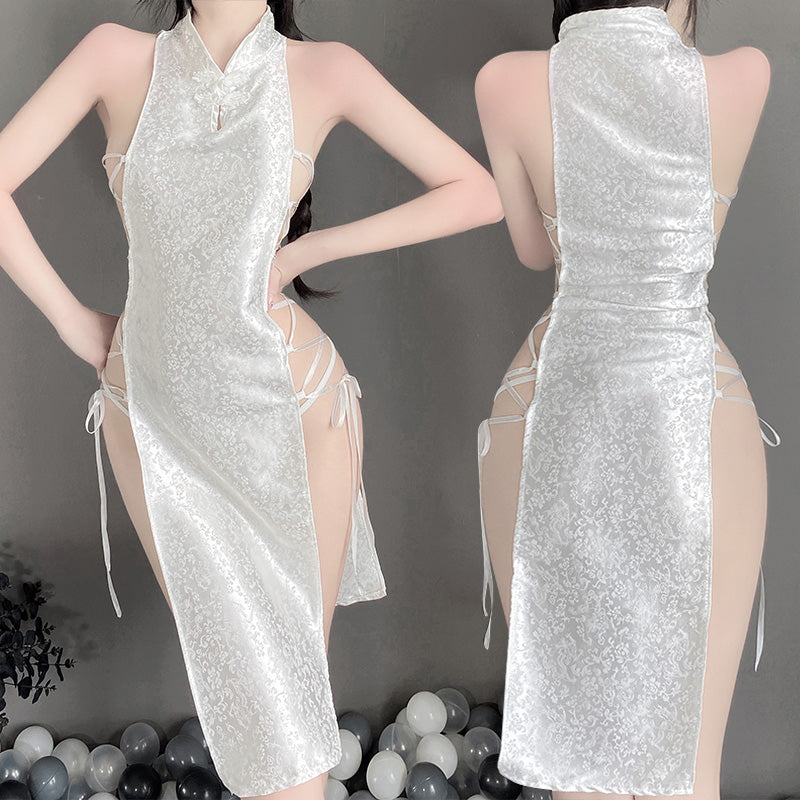 T-2384 Chinese buckle sexy seductive strappy high slit jacquard satin cheongsam nightdress - Quusvik