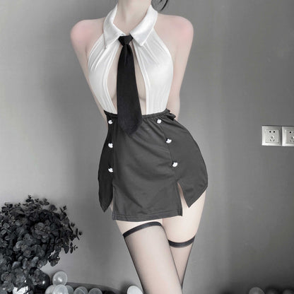 T-2489 Fun Lingerie Sexy Skirt OL Secretary Uniform Seductive Hot Nightclub Pajamas (Costume + short skirt + tie) - Quusvik