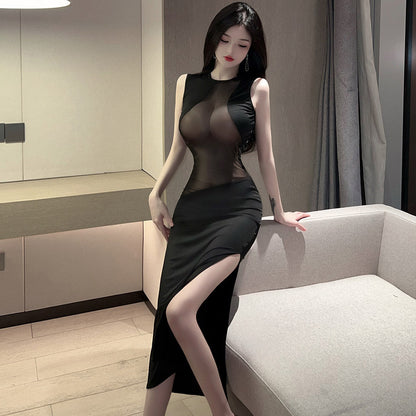 T-1228 Sheer mesh paneled high-slit dress - Quusvik