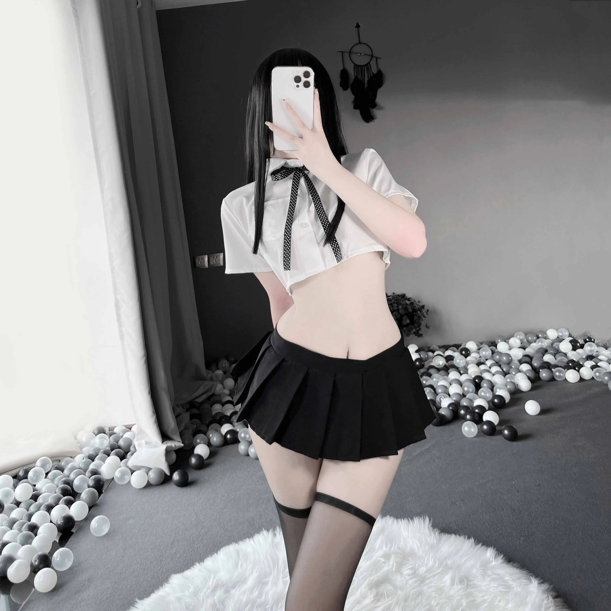 T-2377 Sexy sheer student white shirt collar rope bow uniform - Quusvik