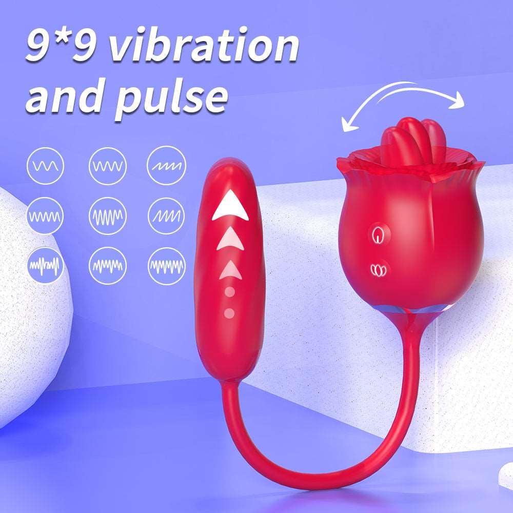 Quusvik- 2 In 1 Rose Toy Thrusting Dildo Vibrator With 9 Tongue Licking 9 Thrusting Vibrating - Quusvik