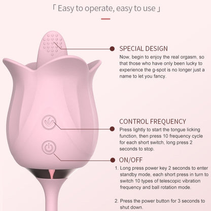 Quusvik- 3-in-1 Blooming Sexy Pink Rose Toy Rotating Pearls Telescopic Tongue-licking Vibrator - Quusvik