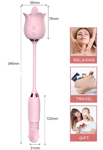 Quusvik- 3-in-1 Blooming Sexy Pink Rose Toy Rotating Pearls Telescopic Tongue-licking Vibrator - Quusvik