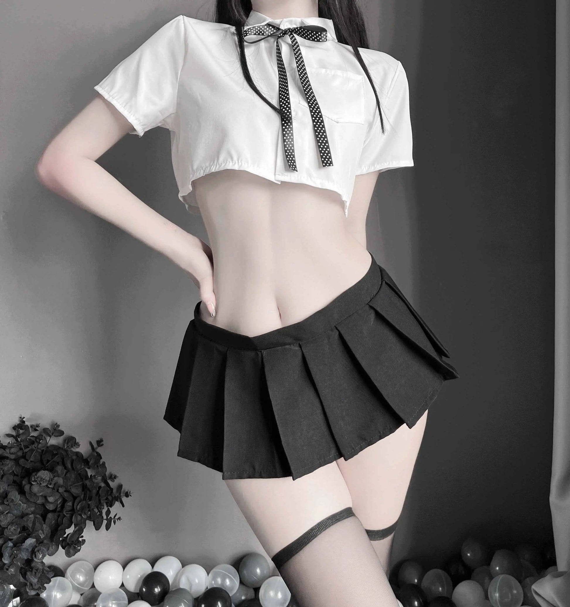 T-2377 Sexy sheer student white shirt collar rope bow uniform - Quusvik