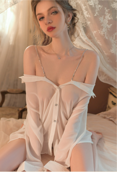 T-3069 Tiktok same style Tempting Night Sexy Transparent Strap Sleepwear Shirt - Quusvik