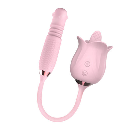 Quusvik- 3-in-1 Blooming Sexy Pink Rose Toy Rotating Pearls Telescopic Tongue-licking Vibrator - Quusvik